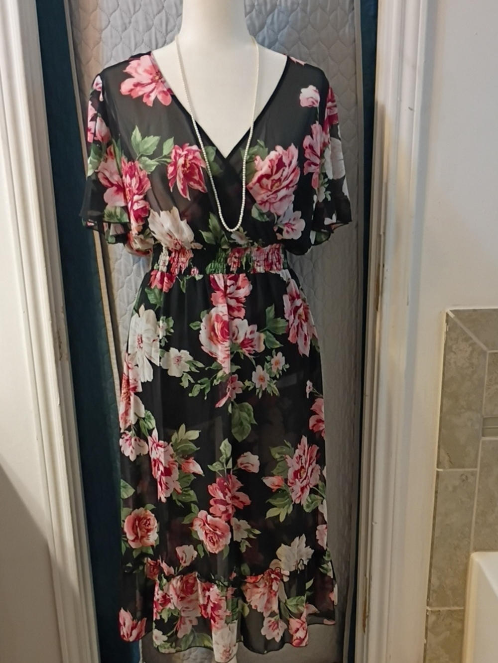 Black Floral V-Neck Midi Dress with Pink Rose Print